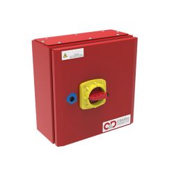 Isolator switch disconnector in red sheet steel enclosure
