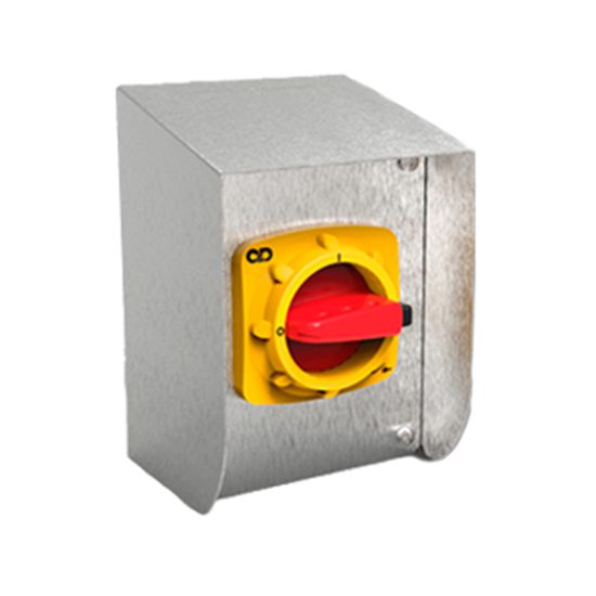 Isolator switch disconnector in stainless steel sloping roof enclosure